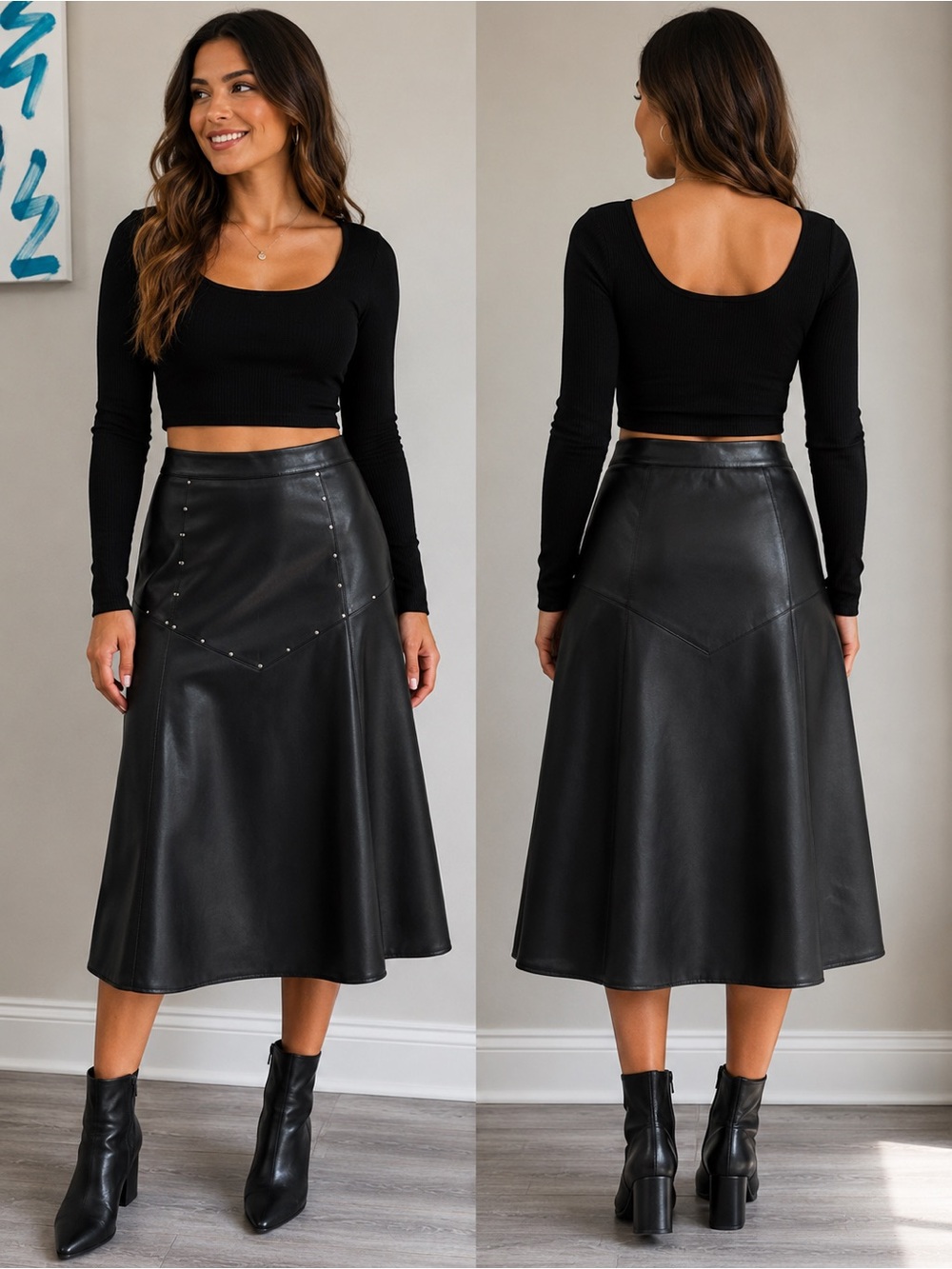 Marc New York Black Faux Leather Midi Skirt with Stud Accents